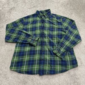 Lands' End Flannel Shirt Mens Large Green Blue Long Sleeve Button Down Cotton